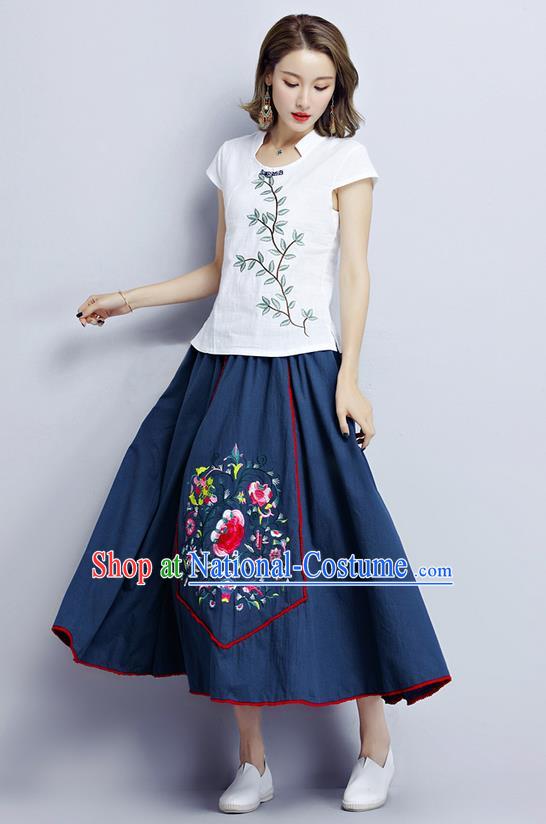 Traditional Ancient Chinese National Pleated Skirt Costume, Elegant Hanfu Embroidery Long Navy Dress, China Tang Dynasty Bust Skirt for Women