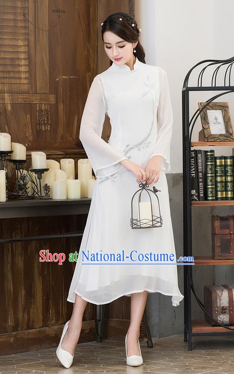 Traditional Ancient Chinese National Costume, Elegant Hanfu Mandarin Qipao Linen Double Layer White Dress, China Tang Suit Stand Collar Chirpaur Republic of China Cheongsam Upper Outer Garment Elegant Dress Clothing for Women