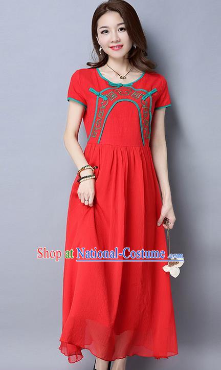 Traditional Ancient Chinese National Costume, Elegant Hanfu Qipao Linen Embroidery Red Dress, China Tang Suit Chirpaur Republic of China Cheongsam Upper Outer Garment Elegant Dress Clothing for Women