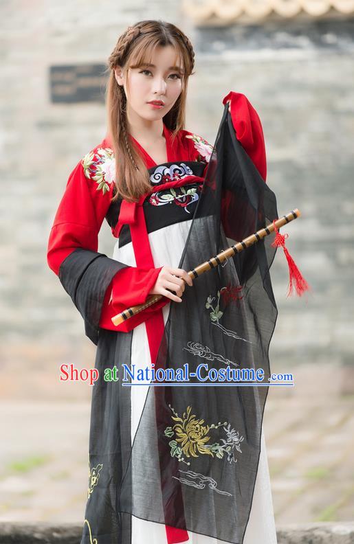 Traditional Ancient Chinese Costume, Elegant Hanfu Clothing Embroidered Red Blouse and Dress, China Tang Dynasty Princess Elegant Blouse and Skirt Complete Set for Women