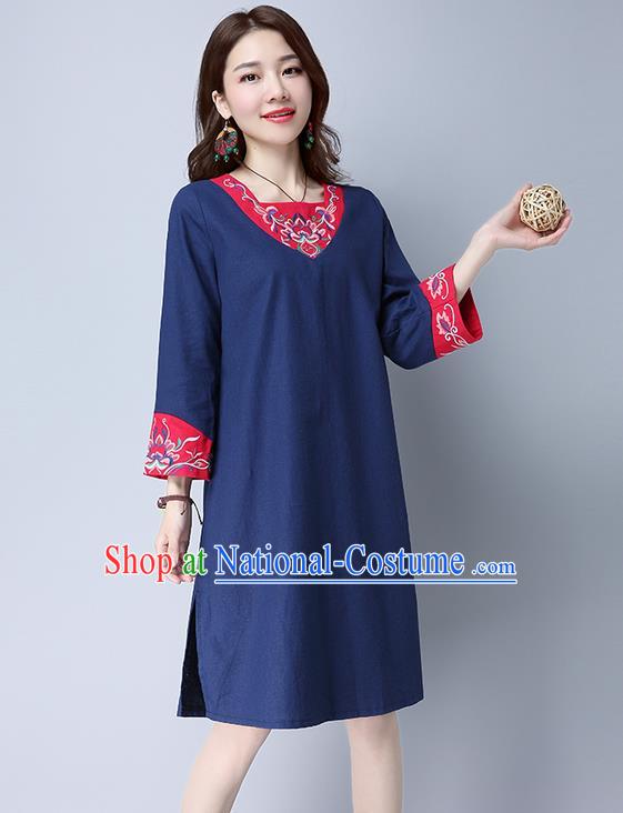 Traditional Ancient Chinese National Costume, Elegant Hanfu Mandarin Qipao Linen Patch Embroidery Navy Dress, China Tang Suit Cheongsam Upper Outer Garment Elegant Dress Clothing for Women