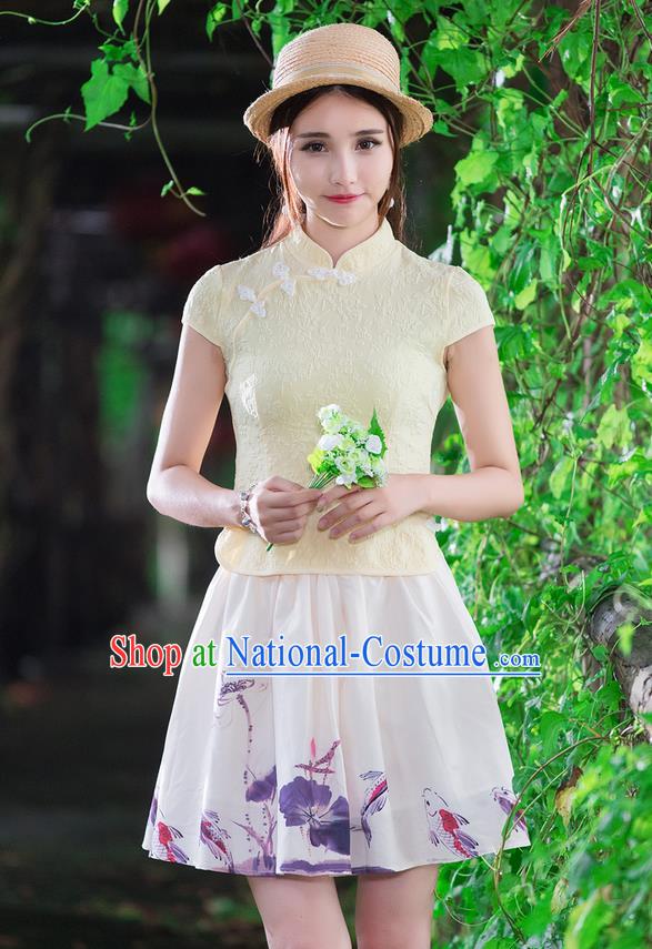 Traditional Chinese National Costume, Elegant Hanfu Slant Opening Light Yellow Jacquard Shirt, China Tang Suit Republic of China Stand Collar Blouse Cheongsam Upper Outer Garment Qipao Shirts Clothing for Women