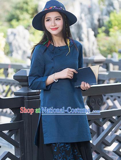 Traditional Chinese National Costume, Elegant Hanfu Embroidery Slant Opening Long Navy Shirt, China Tang Suit Republic of China Plated Buttons Blouse Cheongsam Upper Outer Garment Qipao Shirts Clothing for Women