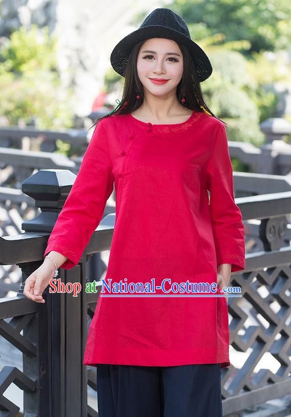 Traditional Chinese National Costume, Elegant Hanfu Embroidery Slant Opening Long Red Shirt, China Tang Suit Republic of China Plated Buttons Blouse Cheongsam Upper Outer Garment Qipao Shirts Clothing for Women