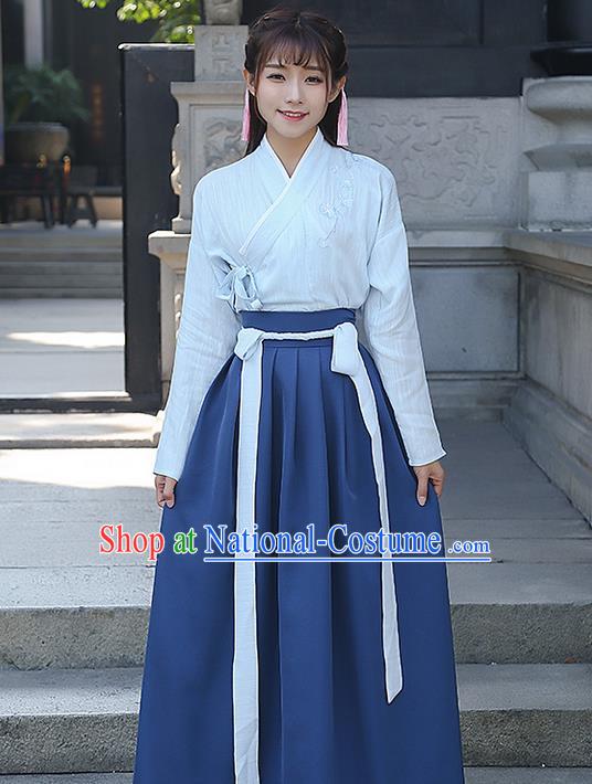 Traditional Ancient Chinese Costume, Elegant Hanfu Clothing Embroidered Slant Opening Blouse and Navy Dress, China Ming Dynasty Princess Elegant Blouse and Ru Skirt Complete Set for Women