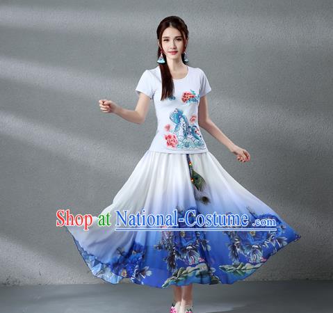 Traditional Ancient Chinese National Pleated Skirt Costume, Elegant Hanfu Chiffon Peacock Feathers Painting Peony Dress, China Tang Dynasty Big Swing Bust Skirt for Women