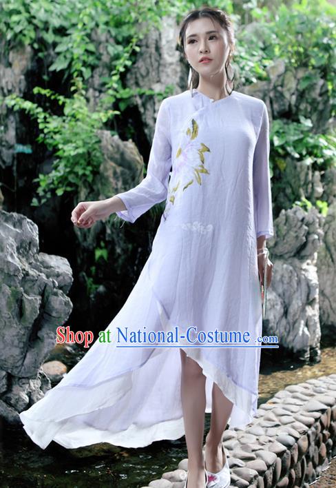 Traditional Ancient Chinese National Costume, Elegant Hanfu Mandarin Qipao Linen Double Layer Purple Dress, China Tang Suit Stand Collar Chirpaur Republic of China Cheongsam Upper Outer Garment Elegant Dress Clothing for Women