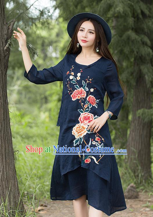 Traditional Ancient Chinese National Costume, Elegant Hanfu Embroidery Qipao Linen Navy Dress, China Tang Suit Chirpaur Republic of China Cheongsam Upper Outer Garment Elegant Dress Clothing for Women