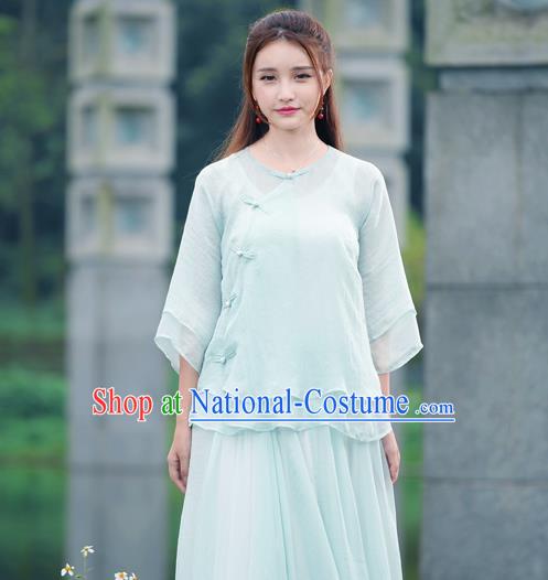 Traditional Chinese National Costume, Elegant Hanfu Slant Opening Blue T-Shirt, China Tang Suit Republic of China Plated Buttons Blouse Cheongsam Upper Outer Garment Qipao Shirts Clothing for Women