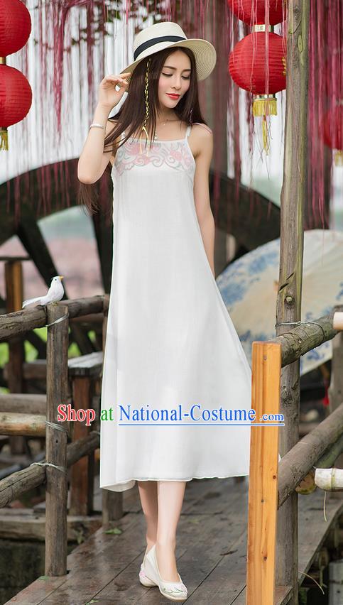 Traditional Ancient Chinese National Costume, Elegant Hanfu Embroidery White Dress, China Tang Suit Cheongsam Upper Outer Garment Elegant Braces Dress Clothing for Women