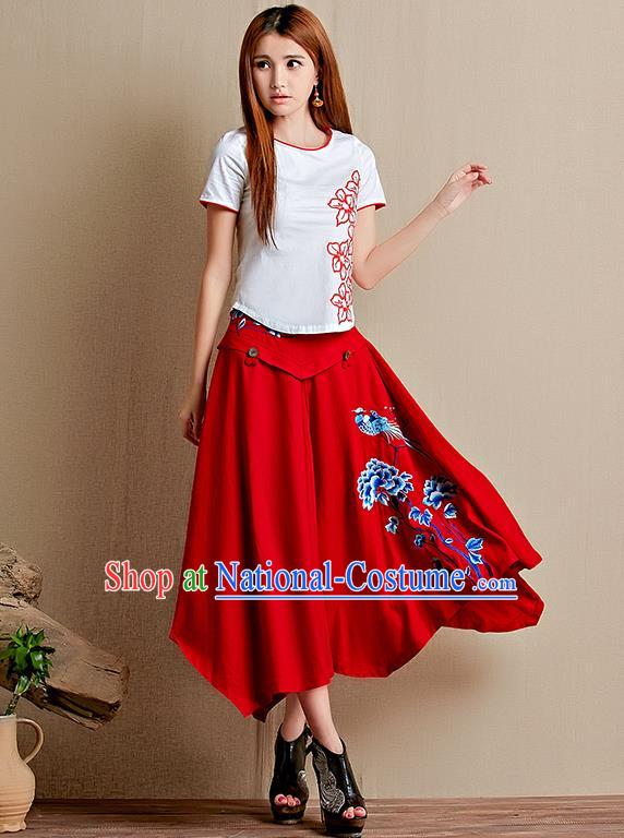 Traditional Ancient Chinese National Pleated Skirt Costume, Elegant Hanfu Linen Embroidery Long Red Dress, China Tang Suit Big Swing Bust Skirt for Women