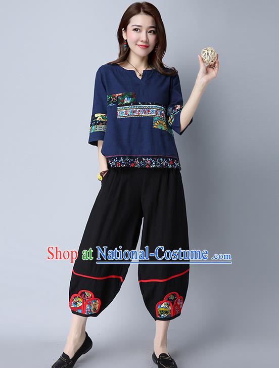 Traditional Chinese National Costume Plus Fours, Elegant Hanfu Patch Embroidered Black Bloomers, China Ethnic Minorities Tang Suit Pantalettes for Women