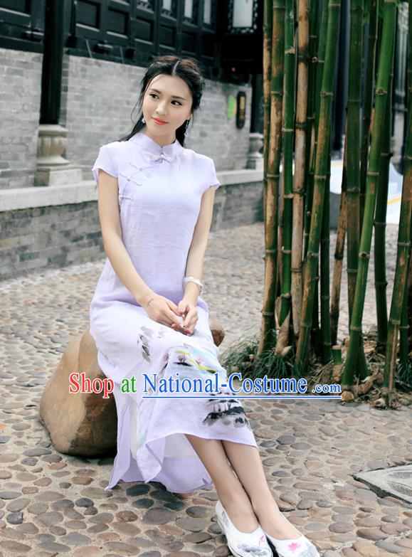 Traditional Ancient Chinese National Costume, Elegant Hanfu Mandarin Qipao Linen Hand Painting Orchid Purple Dress, China Tang Suit Chirpaur Republic of China Cheongsam Upper Outer Garment Elegant Dress Clothing for Women