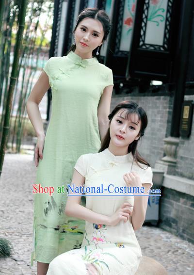 Traditional Ancient Chinese National Costume, Elegant Hanfu Mandarin Qipao Linen Hand Painting Orchid Green Dress, China Tang Suit Chirpaur Republic of China Cheongsam Upper Outer Garment Elegant Dress Clothing for Women