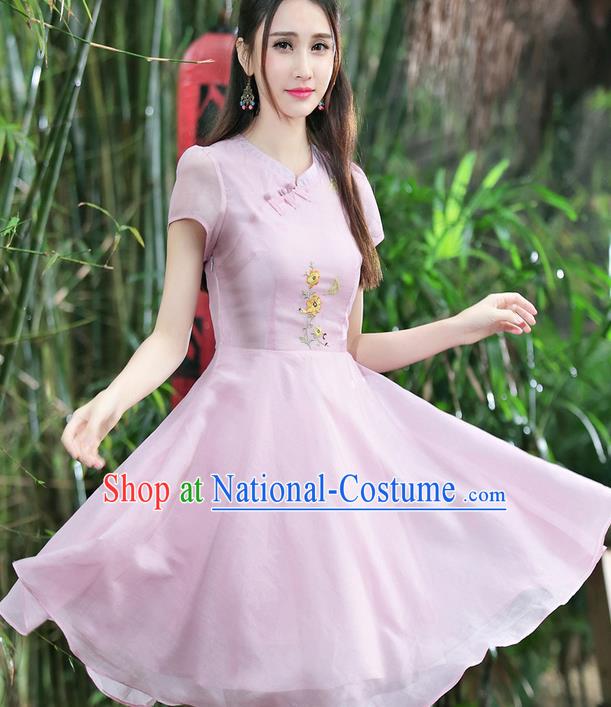 Traditional Ancient Chinese National Costume, Elegant Hanfu Mandarin Qipao Embroidery Pink Dress, China Tang Suit Chirpaur Republic of China Cheongsam Upper Outer Garment Elegant Dress Clothing for Women