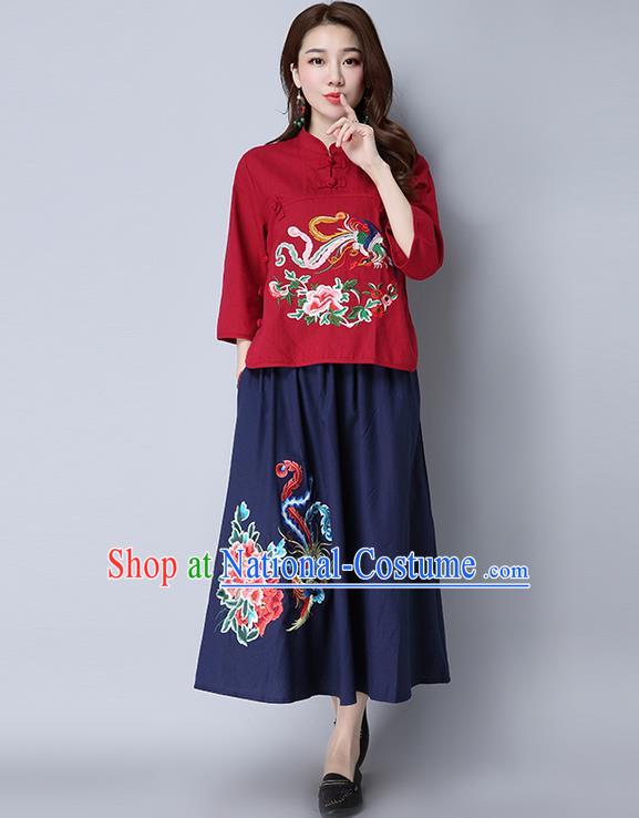 Traditional Ancient Chinese National Pleated Skirt Costume, Elegant Hanfu Linen Embroidery Peony Phoenix Long Navy Dress, China Tang Suit Bust Skirt for Women