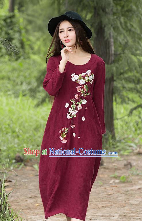 Traditional Ancient Chinese National Costume, Elegant Hanfu Embroidery Linen Red Dress, China Tang Suit Chirpaur Republic of China Cheongsam Upper Outer Garment Elegant Dress Clothing for Women