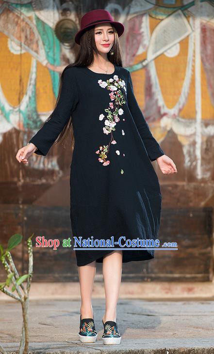 Traditional Ancient Chinese National Costume, Elegant Hanfu Embroidery Linen Black Dress, China Tang Suit Chirpaur Republic of China Cheongsam Upper Outer Garment Elegant Dress Clothing for Women