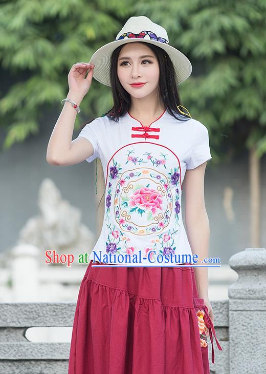 Traditional Chinese National Costume, Elegant Hanfu Embroidery Flowers White T-Shirt, China Tang Suit Republic of China Plated Buttons Blouse Cheongsam Upper Outer Garment Qipao Shirts Clothing for Women