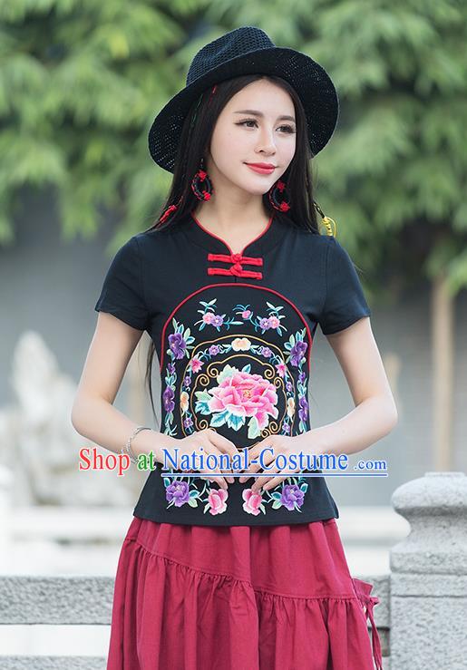 Traditional Chinese National Costume, Elegant Hanfu Embroidery Flowers Black T-Shirt, China Tang Suit Republic of China Plated Buttons Blouse Cheongsam Upper Outer Garment Qipao Shirts Clothing for Women