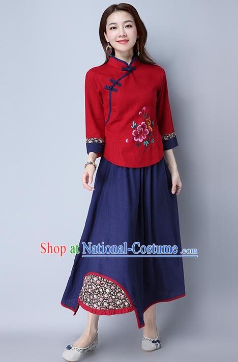 Traditional Chinese National Costume, Elegant Hanfu Embroidery Flowers Slant Opening Shirt and Skirts Complete Set, China Tang Suit Republic of China Plated Buttons Blouse Cheongsam Upper Outer Garment Qipao Shirts and Dust Skirt for Women