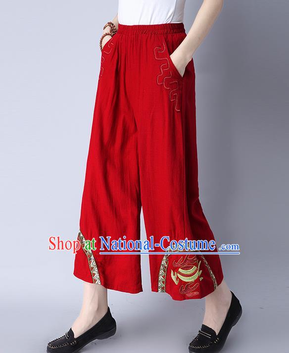 Traditional Chinese National Costume Loose Pants, Elegant Hanfu Embroidered Red Wide-leg Trousers, China Ethnic Minorities Folk Dance Baggy Pants for Women