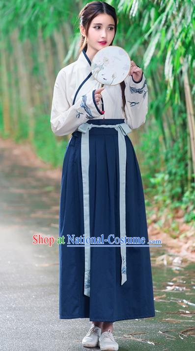 Traditional Ancient Chinese Costume, Elegant Hanfu Clothing Embroidered Slant Opening Blouse and Dress, China Ming Dynasty Young Lady Elegant Blouse and Skirt Complete Set for Women