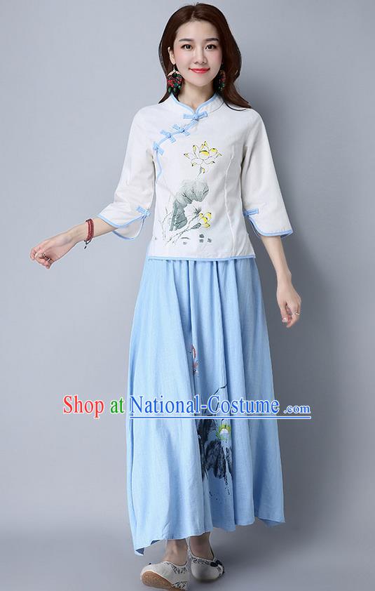 Traditional Chinese National Costume, Elegant Hanfu Painting Lotus Slant Opening Shirt, China Tang Suit Republic of China Plated Buttons Blouse Cheongsam Upper Outer Garment Qipao Shirts Clothing for Women