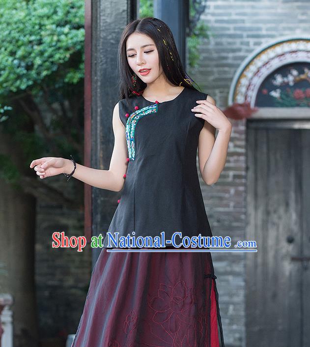 Traditional Chinese National Costume, Elegant Hanfu Embroidery Flowers Slant Opening Navy T-Shirt, China Tang Suit Republic of China Plated Buttons Blouse Cheongsam Vest Upper Outer Garment Qipao Shirts Clothing for Women