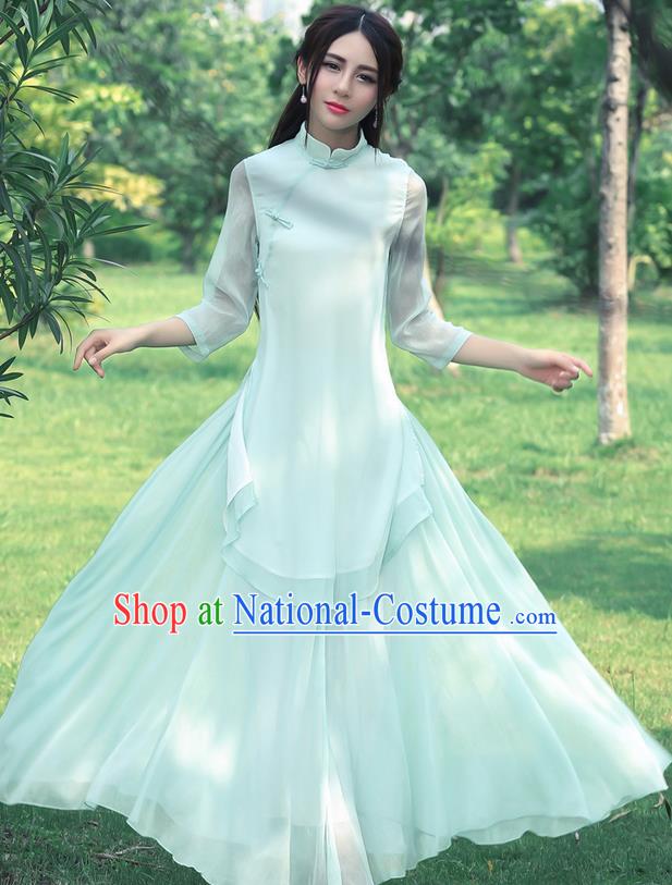 Traditional Chinese National Costume, Elegant Hanfu Silk Slant Opening Long Green Blouse, China Tang Suit Republic of China Plated Buttons Blouse Cheongsam Upper Outer Garment Qipao Shirts Clothing for Women