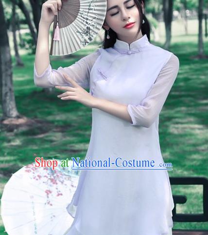 Traditional Chinese National Costume, Elegant Hanfu Silk Slant Opening Long Purple Blouse, China Tang Suit Republic of China Plated Buttons Blouse Cheongsam Upper Outer Garment Qipao Shirts Clothing for Women