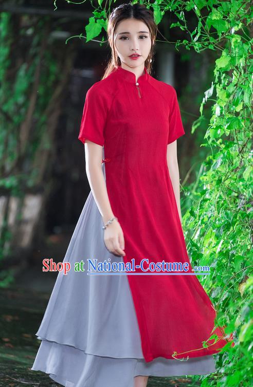 Traditional Ancient Chinese National Costume, Elegant Hanfu Mandarin Qipao Stand Collar Red Dress, China Tang Suit Ao Dai Chirpaur Republic of China Cheongsam Upper Outer Garment Elegant Dress Clothing for Women