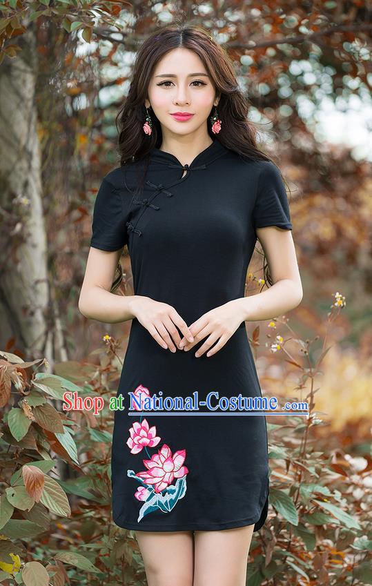 Traditional Ancient Chinese National Costume, Elegant Hanfu Slant Collar Mandarin Qipao Embroidery Black Dress, China Tang Suit Stand Collar Chirpaur Republic of China Cheongsam Upper Outer Garment Elegant Dress Clothing for Women