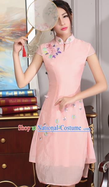 Traditional Ancient Chinese National Costume, Elegant Hanfu Mandarin Qipao Stand Collar Embroidery Pink Dress, China Tang Suit Chirpaur Republic of China Cheongsam Upper Outer Garment Elegant Dress Clothing for Women