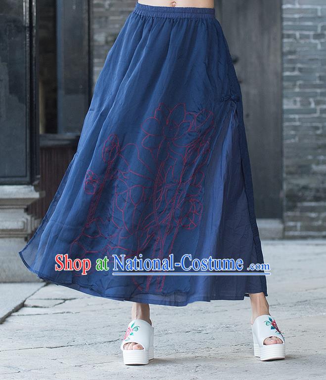 Traditional Ancient Chinese National Pleated Skirt Costume, Elegant Hanfu Embroidery Double-Deck Long Navy Dress, China Tang Dynasty Big Swing Bust Skirt for Women