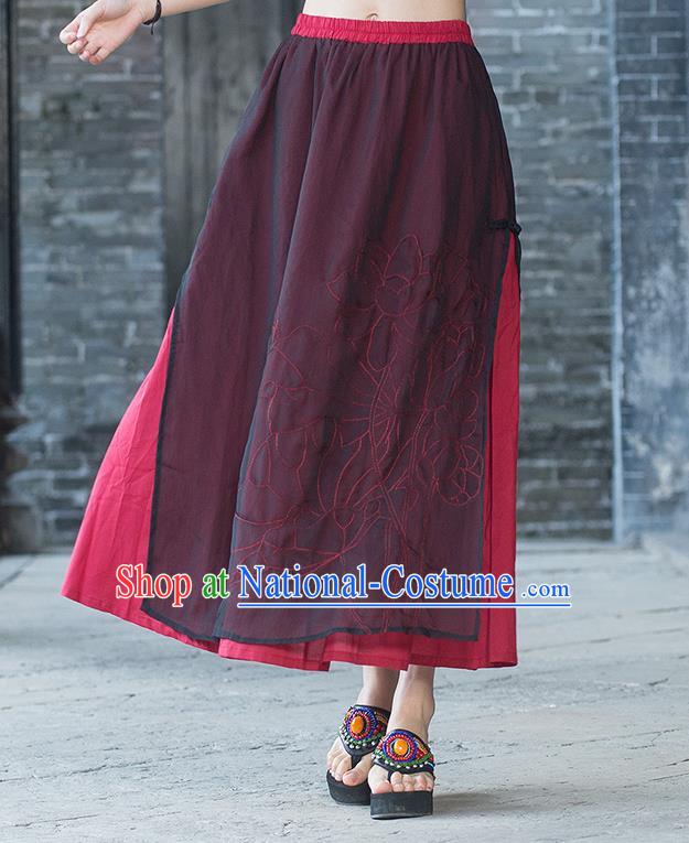 Traditional Ancient Chinese National Pleated Skirt Costume, Elegant Hanfu Embroidery Double-Deck Long Red Dress, China Tang Dynasty Big Swing Bust Skirt for Women