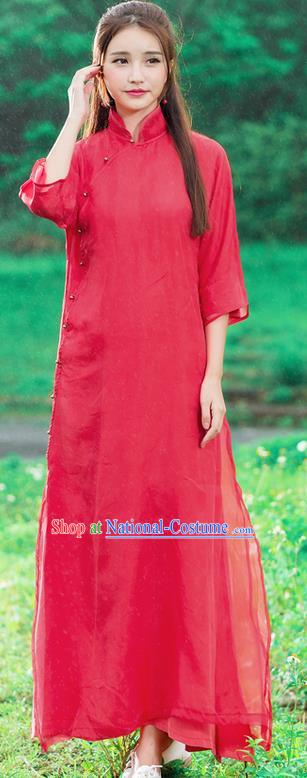 Traditional Ancient Chinese National Pleated Skirt Costume, Elegant Hanfu Organza Slant Opening Long Red Dress, China Tang Suit Stand Collar Chirpaur Republic of China Cheongsam Upper Outer Garment Elegant Dress Clothing for Women