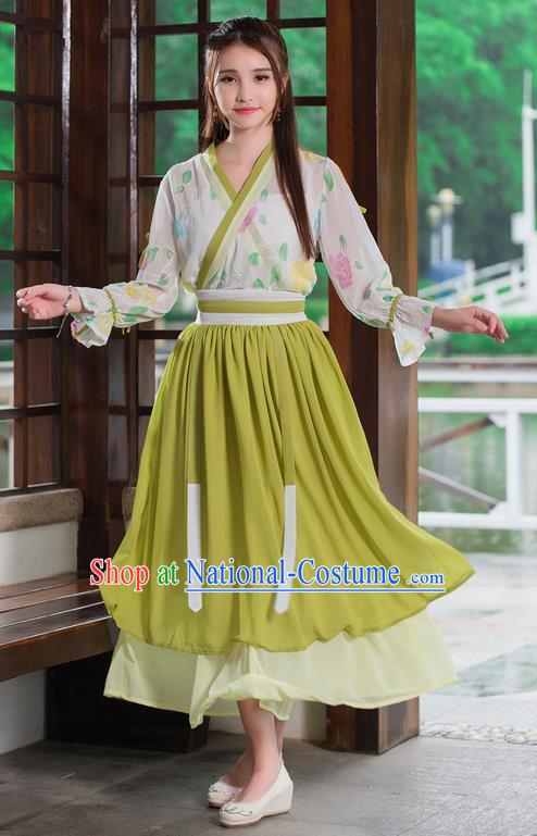 Traditional Ancient Chinese Costume, Elegant Hanfu Clothing Embroidered Bubble Sleeve Blouse and Dress, China Tang Dynasty Princess Elegant Blouse and Skirt Complete Set for Women