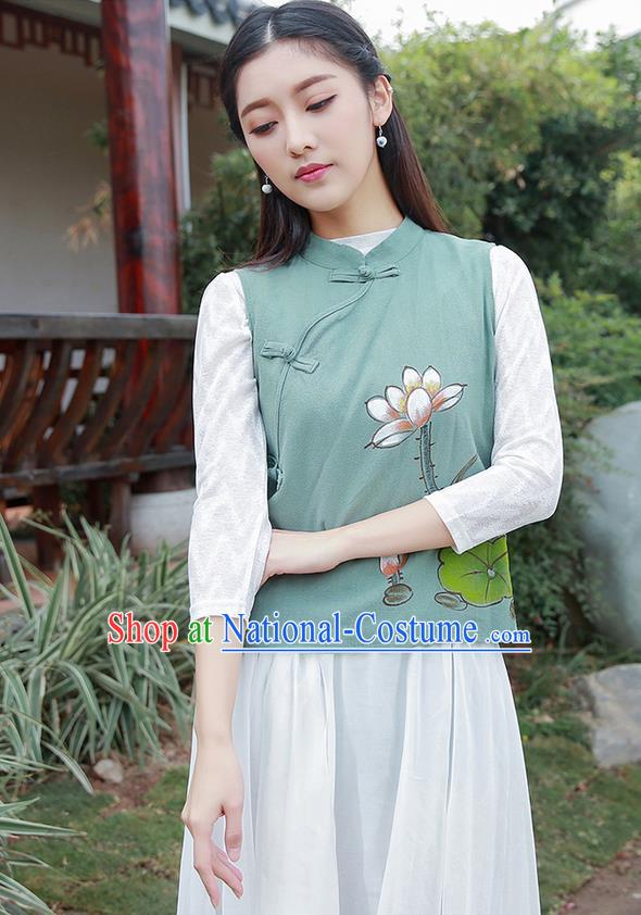 Traditional Chinese National Costume, Elegant Hanfu Painting Lotus Stand Collar Green Vest Shirt, China Tang Suit Republic of China Plated Buttons Blouse Cheongsam Upper Outer Garment Qipao Waistcoat Clothing for Women