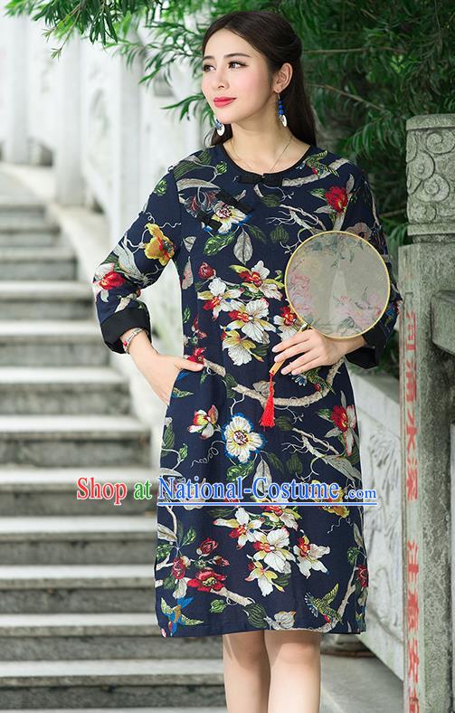 Traditional Ancient Chinese National Costume, Elegant Hanfu Mandarin Qipao Linen Painting Black Dress, China Tang Suit Chirpaur Republic of China Stand Collar Cheongsam Upper Outer Garment Elegant Dress Clothing for Women