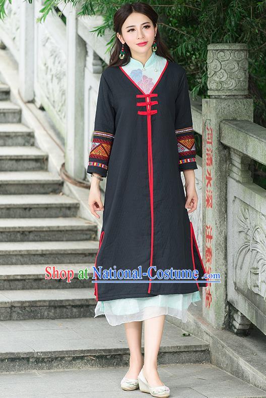 Traditional Ancient Chinese National Costume, Elegant Hanfu Black Embroidery Coat Robes, China Tang Suit Plated Buttons Cape, Upper Outer Garment Dust Coat Clothing for Women