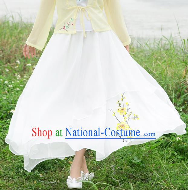 Traditional Ancient Chinese National Pleated Skirt Costume, Elegant Hanfu Linen Printing Long White Dress, China Tang Dynasty Bust Skirt for Women