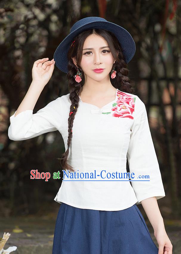 Traditional Chinese National Costume, Elegant Hanfu Embroidery Flowers White T-Shirt, China Tang Suit Republic of China Plated Buttons Blouse Cheongsam Upper Outer Garment Qipao Shirts Clothing for Women