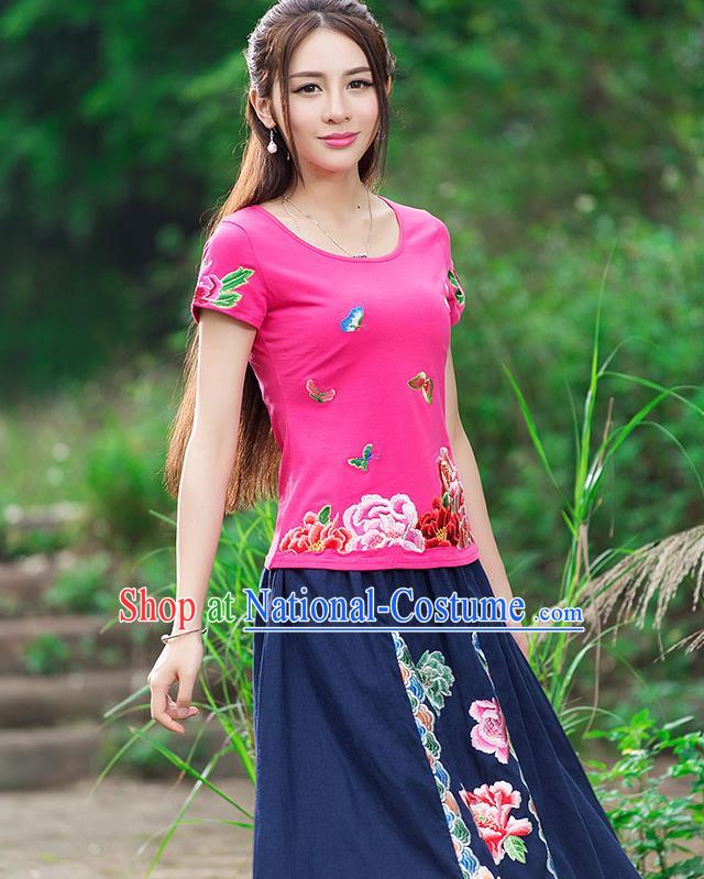 Traditional Chinese National Costume, Elegant Hanfu Embroidery Flowers Butterfly Pink T-Shirt, China Tang Suit Republic of China Blouse Cheongsam Upper Outer Garment Qipao Shirts Clothing for Women