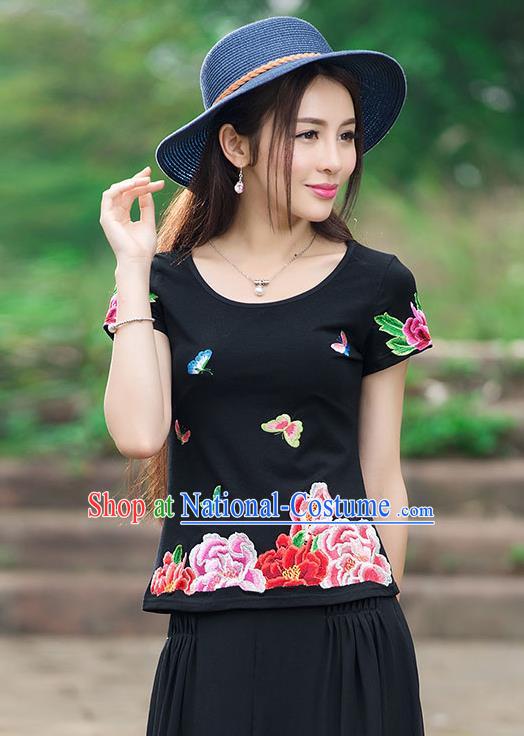 Traditional Chinese National Costume, Elegant Hanfu Embroidery Flowers Butterfly Black T-Shirt, China Tang Suit Republic of China Blouse Cheongsam Upper Outer Garment Qipao Shirts Clothing for Women