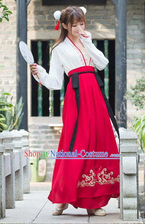 Traditional Ancient Chinese Costume, Elegant Hanfu Clothing Embroidered Blouse and Dress, China Tang Dynasty Princess Elegant Blouse and Red Ru Skirt Complete Set for Women