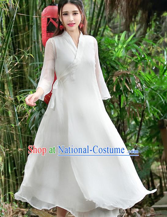 Traditional Ancient Chinese National Pleated Skirt Costume, Elegant Hanfu Mulberry Silk Slant Opening Long White Dress, China Tang Suit Chirpaur Republic of China Cheongsam Upper Outer Garment Elegant Dress Clothing for Women