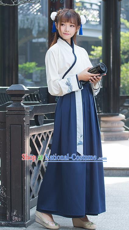 Traditional Ancient Chinese Costume, Elegant Hanfu Clothing Embroidered Slant Opening Blouse and Dress, China Han Dynasty Princess Elegant Blouse and Red Blue Skirt Complete Set for Women