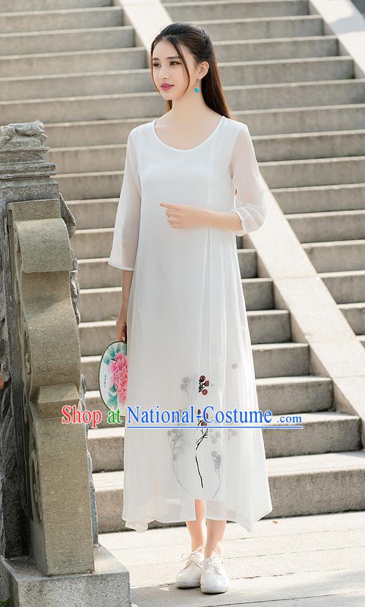 Traditional Ancient Chinese National Costume, Elegant Hanfu Printing Chiffon Long Dress, China Tang Suit Chirpaur Republic of China Cheongsam Upper Outer Garment Elegant Dress Clothing for Women