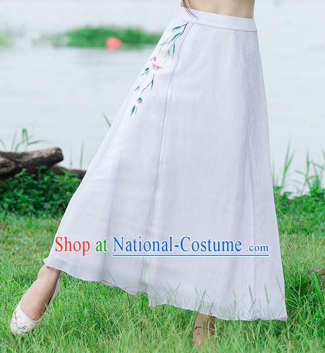 Traditional Ancient Chinese National Pleated Skirt Costume, Elegant Hanfu Linen Printing Long White Dress, China Tang Dynasty Bust Skirt for Women